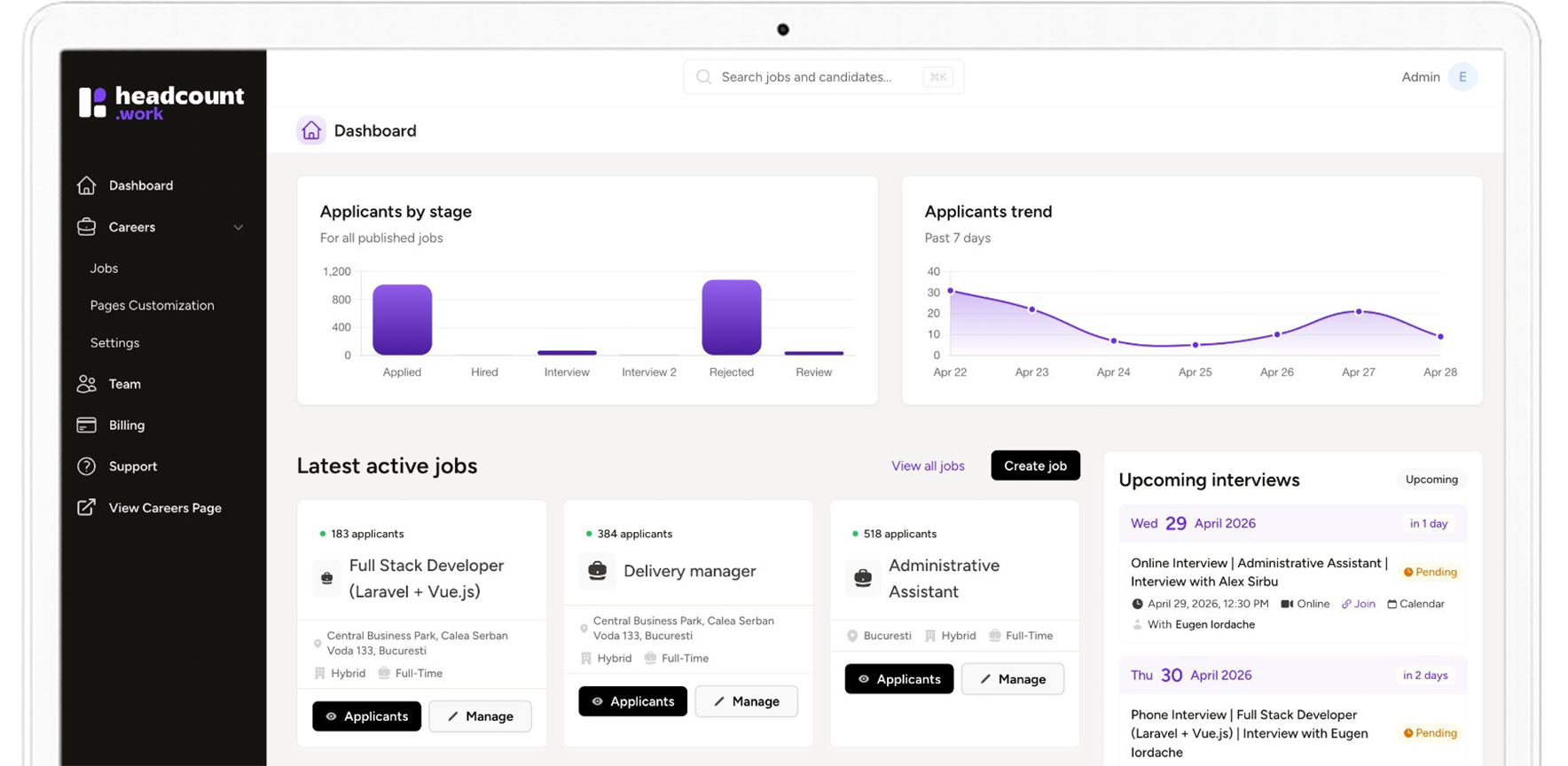 Headcount hiring platform dashboard